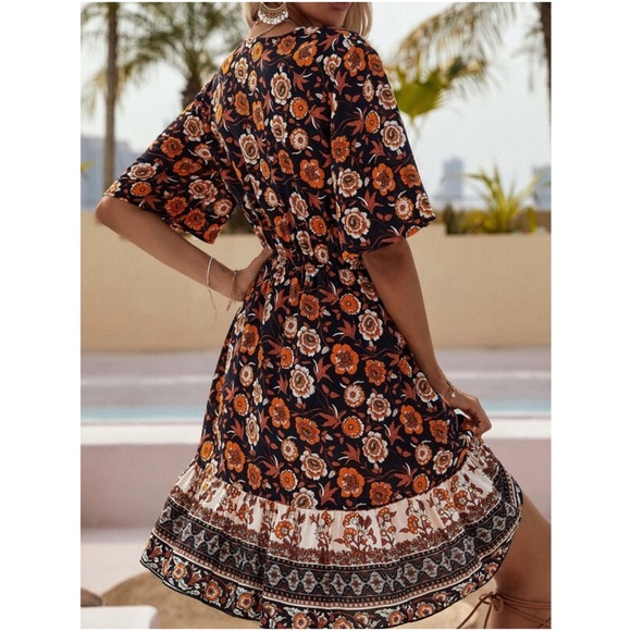 Boho Orange Floral Print Ruffle Mini Dress Cottagecore - Picture 2 of 5